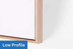 Wooden frame corner with 'Low Profile' text on a white background