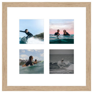 Collage of four surfing photos in a light wood frame with white matting.
