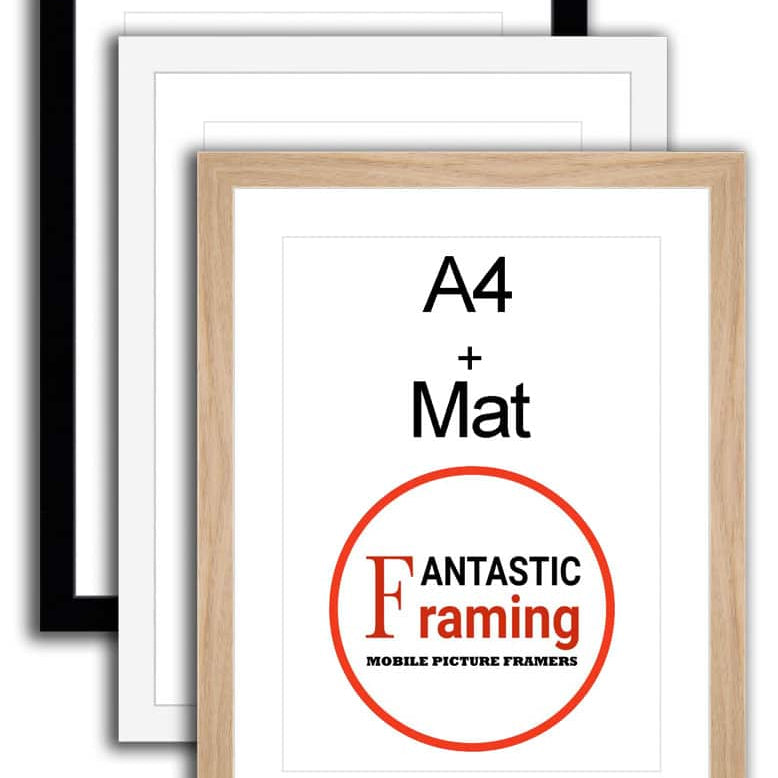 3 A4 picture frames in black, white, and wood finish, featuring Fantastic Framing logo.