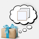 Gift box with blue ribbon and thought bubble containing picture frames on a white background
