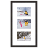 Framed photos of snowboarder in yellow jacket in snowy landscape.